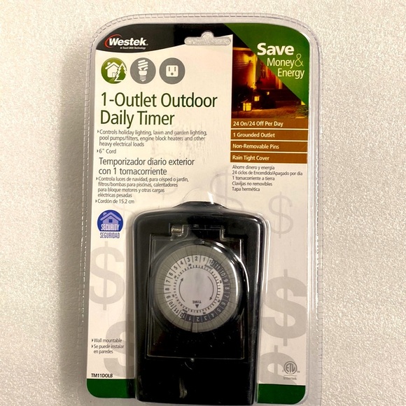 Westek 1-Outlet Outdoor Daily Timer. Grounded outlet, Rain tight cover, 6” cord. - Picture 1 of 5